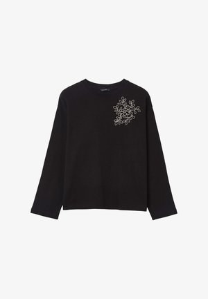 Sweatshirt noir à manches longues en tissu doux, avec un design floral brodé blanc sur le haut à gauche de l'avant.