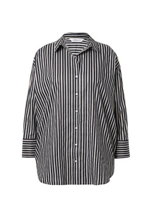 Chemise à rayures noires et crème, à boutons, avec un col, des manches longues et une coupe décontractée. Présente des boutons blancs et des rayures horizontales sur les poignets.