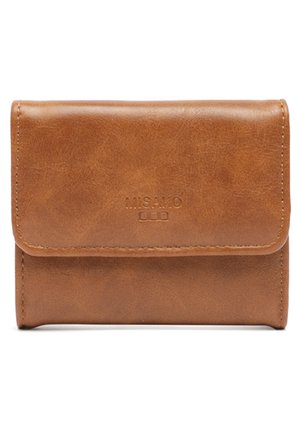 Brown leather wallet with a textured surface, featuring a folded design and an embossed logo on the front. Compact and rectangular shape.
