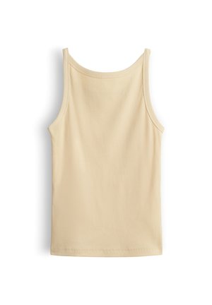 Mouwloze beige geribde tanktop met ronde hals, plat uitgespreid tegen een witte achtergrond.