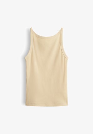 Mouwloze beige geribde tanktop met ronde hals, plat uitgespreid tegen een witte achtergrond.