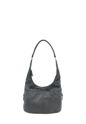 Gray leather shoulder bag with a hobo design, featuring a curved handle, subtle stitching, and a zippered pocket on one side.