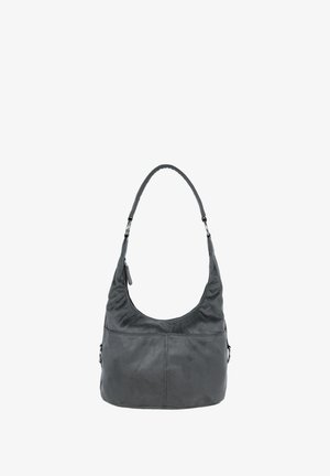 Grijze leren schoudertas met een hobo ontwerp, voorzien van een gebogen handvat, subtiele stiksels en een ritsvak aan één kant.