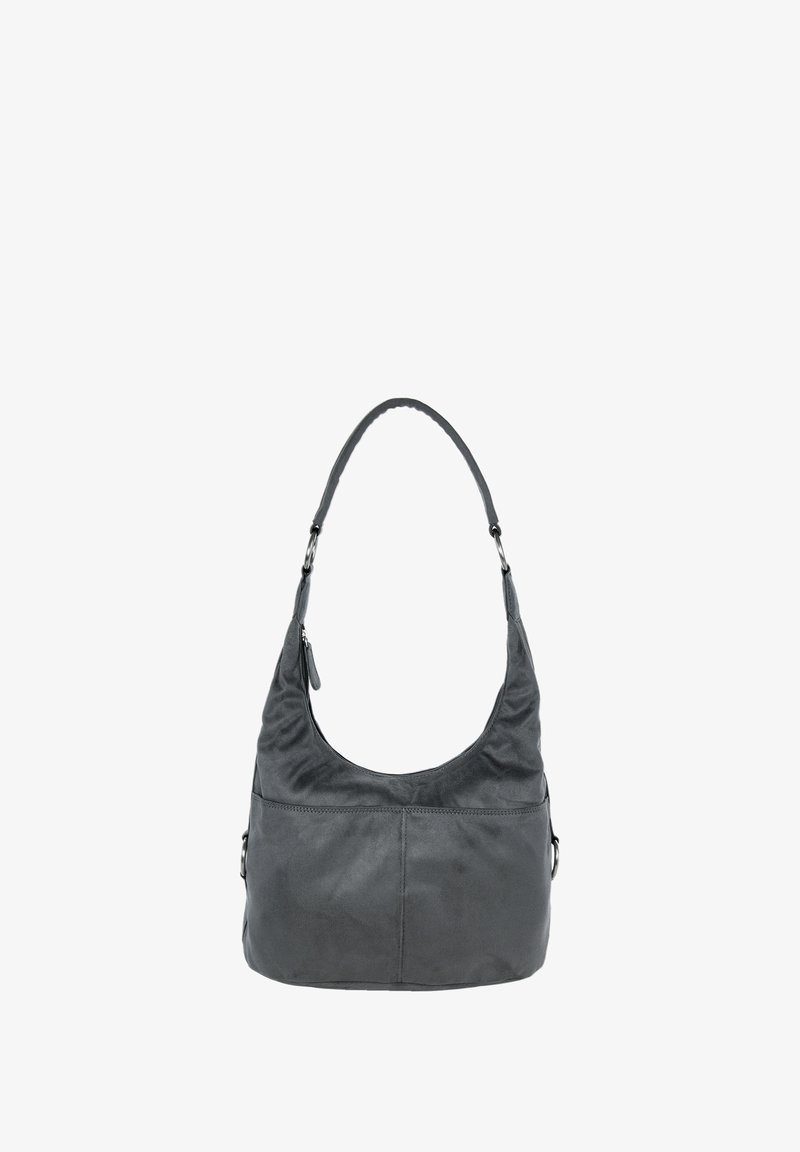 Graue Leder-Umhängetasche im Hobo-Design, mit einem geschwungenen Griff, feinen Nähten und einer Reißverschluss-Tasche auf einer Seite.