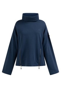 Felpa blu navy con colletto alto, maniche lunghe e due tasche laterali con zip. Presenta una vestibilità morbida e una texture di tessuto soffice.