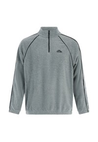 Hellgrauer Fleece-Pullover mit einem Halbzip-Kragen, schwarzer Paspelierung an den Schultern und einem kleinen Logo auf der Brust. Weiche, strukturierte Oberfläche.