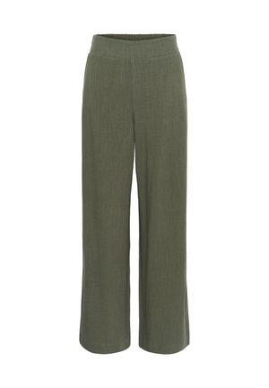 Pantalon large vert olive avec une taille haute élastique, une coupe droite et un tissu texturé.