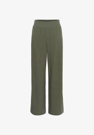 Õlivena rohelised laiade säärtega püksid kõrge elastse vöökohaga, sirge lõikega ja tekstuurse kangaga.