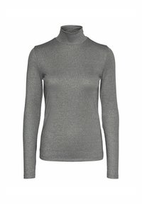 Col roulé gris à manches longues en tissu côtelé texturé avec un léger reflet. Design ajusté avec un col haut.