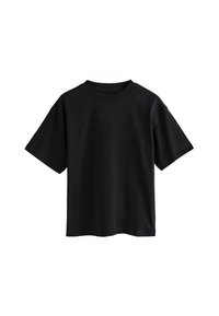 T-shirt noir à manches courtes, coupe oversize avec col rond, design uni et coupe décontractée, présenté sur un fond blanc.