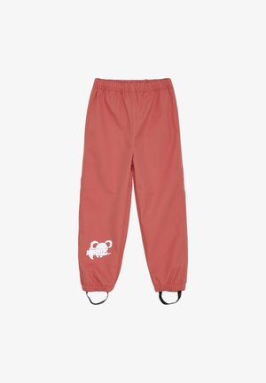 Kinder Regenhose in Pink mit elastischem Bund, elastischen Bündchen und einem weißen Koala-Logo auf dem linken Bein.