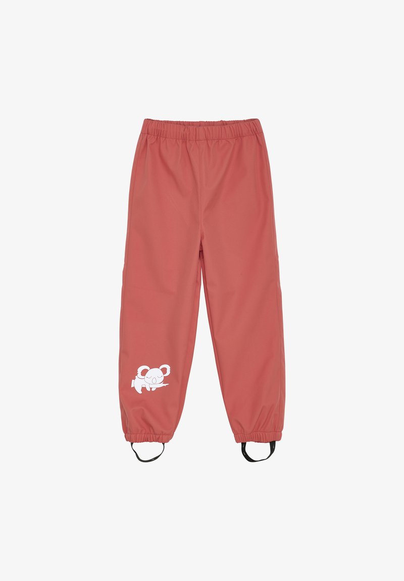 Pantalons imperméables roses pour enfants avec une taille élastique, des poignets élastiques et un graphique de koala blanc sur la jambe gauche.