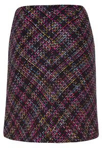 Wollen rok met een zwarte basis, voorzien van een levendig multicolor geruit patroon in roze, geel en blauw. Textuurstof, A-lijn ontwerp.