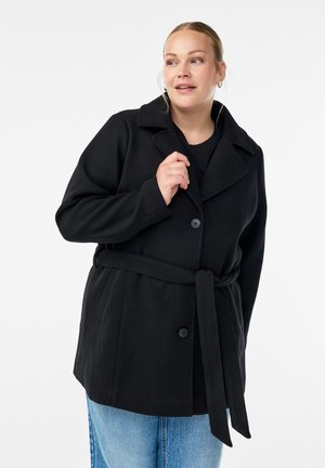 Black wool-blend coat with a lapel collar, button closure, and fabric belt. Features two side pockets and a relaxed fit.
