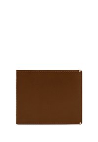 Braune Lederbörse mit glatter Oberfläche, rechteckiger Form und sichtbaren Nähten. Verfügt über ein schlankes Design mit abgerundeten Ecken.