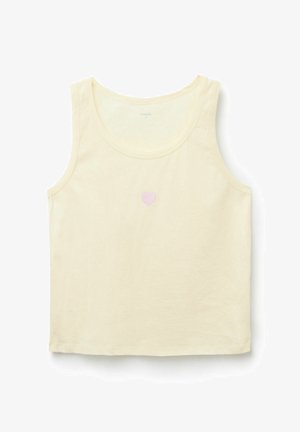 Cremefarbenes ärmelloses Tanktop mit einem kleinen hellrosa Herz in der Mitte der Brust.