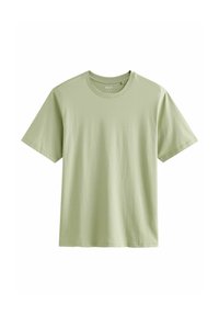Lichtgroene t-shirt met korte mouwen van zachte katoen. Ronde hals met gestikte details op de mouwen en zoom. Geen zichtbare patronen of ontwerpen.