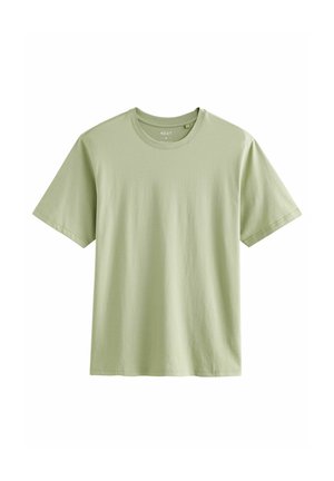 Tricou scurt cu mânecă scurtă, de culoare verde deschis, din bumbac moale. Decupaj rotund la gât cu detalii cusute pe mâneci și tiv. Fără modele sau desene vizibile.