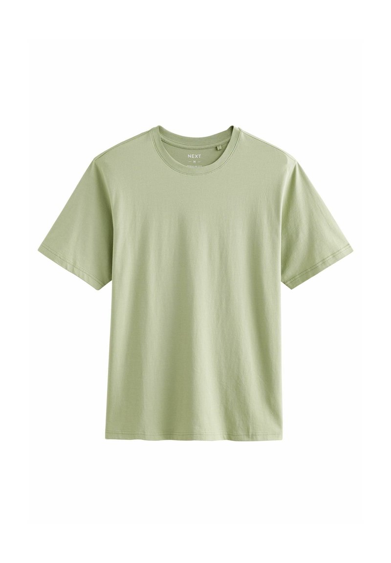 Lichtgroene t-shirt met korte mouwen van zachte katoen. Ronde hals met gestikte details op de mouwen en zoom. Geen zichtbare patronen of ontwerpen.