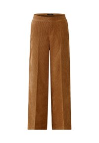 Bruine corduroy wijde broek met een gladde textuur, voorzien van een vlakke taille en een verticale ribbelstructuur. Eenvoudig ontwerp zonder zichtbare versieringen.
