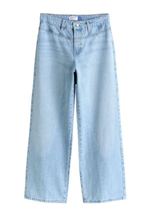 Svetlomodré džínsy s širokými nohavicami, vysokým pásom, zapínaním na gombík a zips, s prednými vreckami.