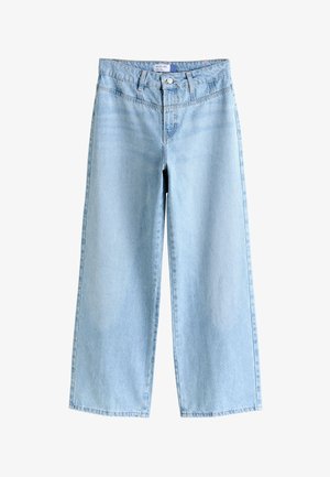 Jeans bleu clair à jambes larges, taille haute, fermeture par bouton et fermeture éclair, avec poches avant.