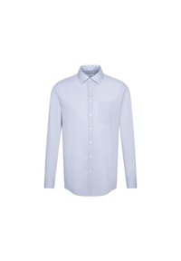 Ljusblå långärmad skjorta med knappar i ett slätt tyg. Har en klassisk krage, en enda bröstficka och vita knappar.