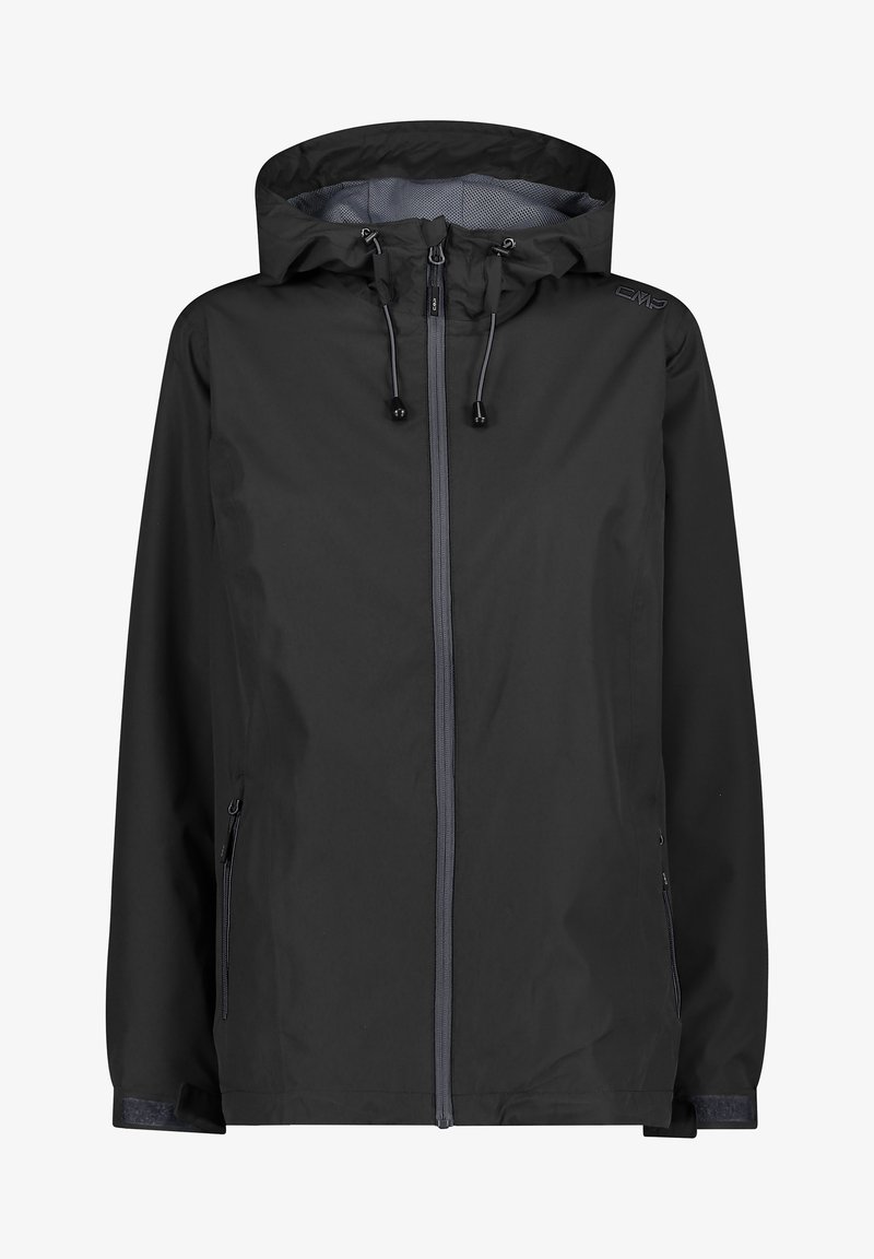 Schwarze wasserdichte Jacke mit Kapuze, vollem Frontreißverschluss, verstellbaren Zugbändern und zwei Seitentaschen. Leichter Stoff mit grauen Akzenten.