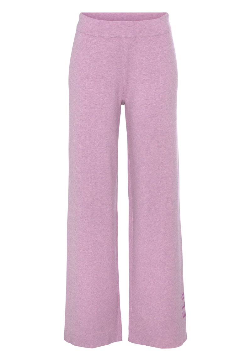 Lichtpaarse wijde pantalons van zacht, gemêleerd stof, met een hoge tailleband en een klein logodetail nabij de zoom.