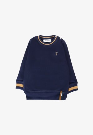 Felpa a maniche lunghe per bambini, di colore blu navy, con polsini e colletto a righe gialle, bottoni a pressione sulla spalla e piccolo logo ricamato sul petto.