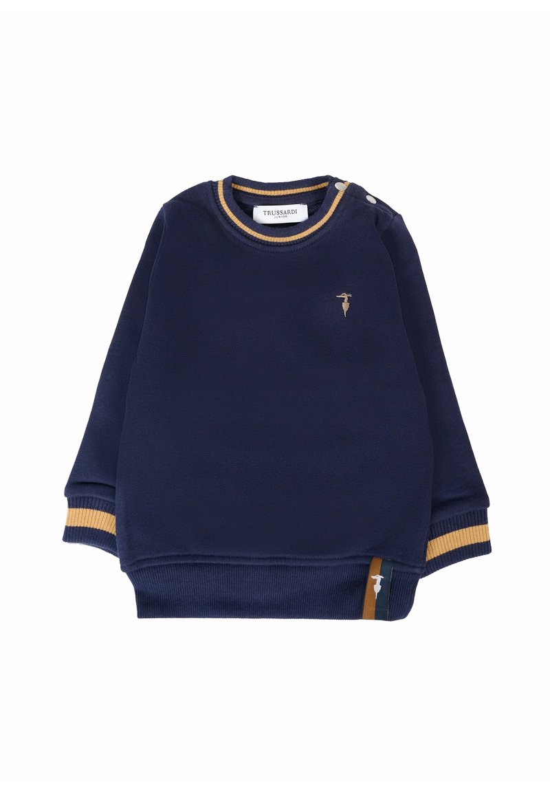 Felpa a maniche lunghe per bambini, di colore blu navy, con polsini e colletto a righe gialle, bottoni a pressione sulla spalla e piccolo logo ricamato sul petto.