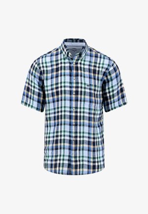 Short-sleeve button-up shirt with blue, green, white, and tan plaid pattern and a small chest pocket on white background.