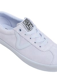 Light blue suede sneaker with white rubber sole, featuring a stitched design, blue lace-up closure, and a prominent black and white tongue label.