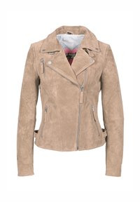 Beige suède motorjack met een ritsluiting, asymmetrische voorkant, zilverkleurige hardware en twee zijzakken met rits. Beschikt over een motorstijl kraag.