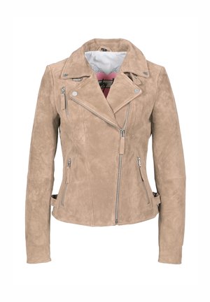 Beige suede biker jacket with a zip closure, asymmetric front, silver hardware, and two side zip pockets. Features moto-style collar.