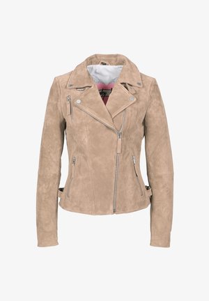 Beige Wildleder-Bikerjacke mit einem Reißverschluss, asymmetrischer Vorderseite, silbernem Zubehör und zwei seitlichen Reißverschlusstaschen. Verfügt über einen Motorradkragen.