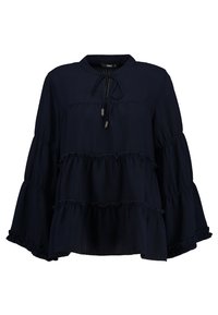 Blouse bleu marine, texture plissée, col haut avec nœud, manches larges à volants, trois niveaux de fronces en bas, tissu léger.