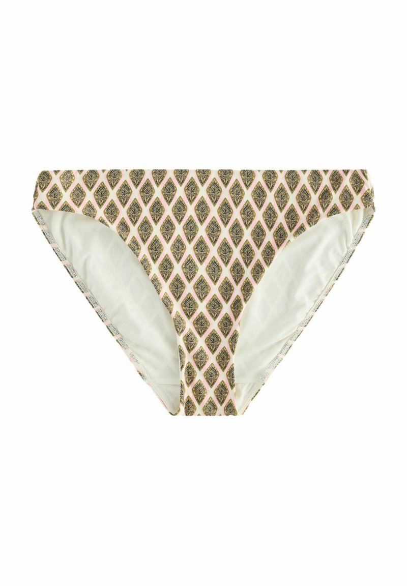Krémové bikini s květinovým diamantovým vzorem v tmavě zelené a růžové. Měkčená, elastická tkanina s hladkým vnitřním podšívkou.