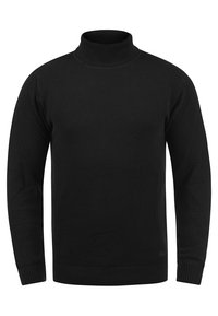Schwarzer Rollkragenpullover aus strukturiertem Strickstoff, ausgestattet mit einem gerippten Kragen und Bündchen sowie einem klassischen Schnitt.