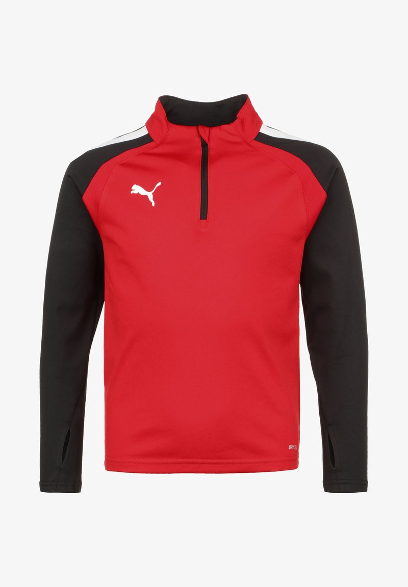 Roter Pullover mit langen Ärmeln und Reißverschlusskragen, schwarzen Ärmeln und weißen Akzenten. Mit Puma-Logo auf der Brust und seitlichen Schlitzen an den Bündchen.