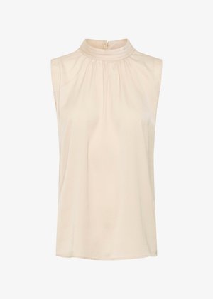 Blouse sans manches en beige clair avec un col montant plissé. Tissu lisse et léger avec un éclat subtil et une fermeture au dos.