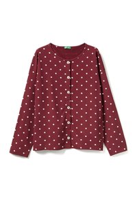 Bordeaux lange mouwen cardigan met witte stippen, met een ronde halslijn en knoopsluiting aan de voorkant. Zacht materiaal met een gladde textuur.