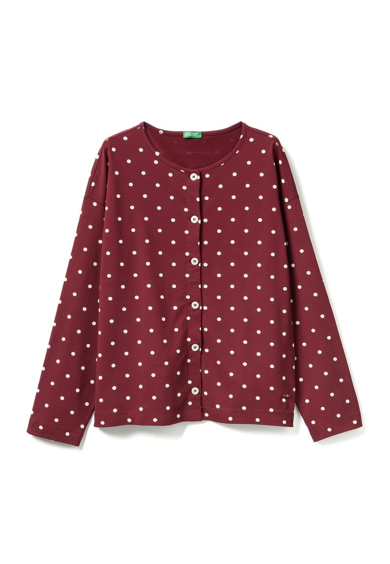 Bordeaux lange mouwen cardigan met witte stippen, met een ronde halslijn en knoopsluiting aan de voorkant. Zacht materiaal met een gladde textuur.