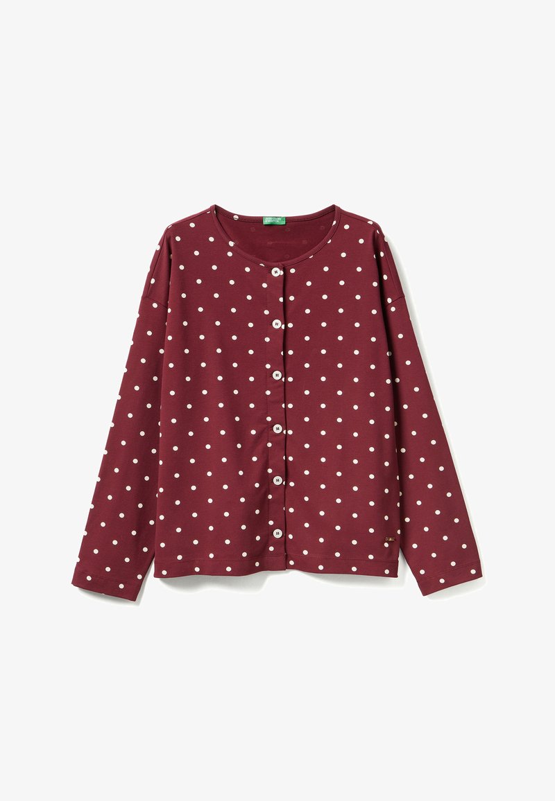 Bordeaux lange mouwen cardigan met witte stippen, met een ronde halslijn en knoopsluiting aan de voorkant. Zacht materiaal met een gladde textuur.
