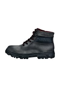Dunkelgraue Schnüran Boots bisknöchel mit schwarzer Sohle, burgunderfarbenem Innenraum und eingeprägtem Markennamen am gepolsterten Kragen, seitliche Textdetails sichtbar.
