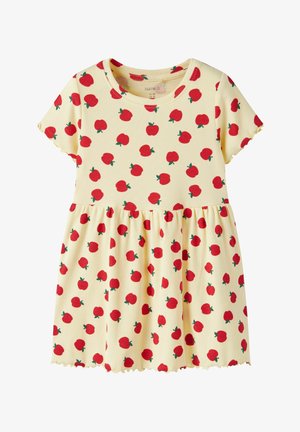 Krémové šaty pre batoľatá s krátkym rukávom s červeným vzorom jabĺk, okrúhlym výstrihom a nariaseným detailom v páse.