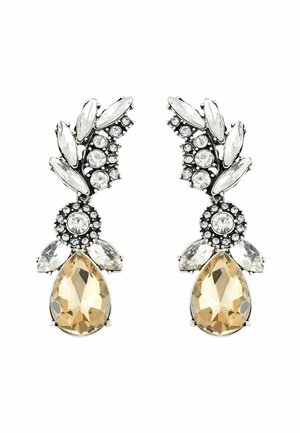 Silver-tone earrings featuring a mix of clear and light amber gemstones. Design includes a teardrop shape with floral accents and circular details.