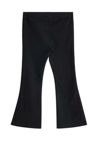 Sorte flared leggings lavet af strækstof med en glat tekstur, der har en høj talje og en flared kant ved anklerne.