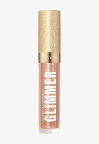 Błyszczyk Revlon Super Lustrous Glimmer w przezroczystej tubce z złotą, błyszczącą zakrętką, w kolorze połyskującego brzoskwini oraz z subtelnym brokatem.