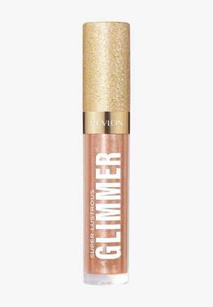 Gloss labbra Revlon Super Lustrous Glimmer in un tubetto trasparente con un cappuccio glitterato dorato, caratterizzato da un colore pesca perlato e una fine lucentezza.